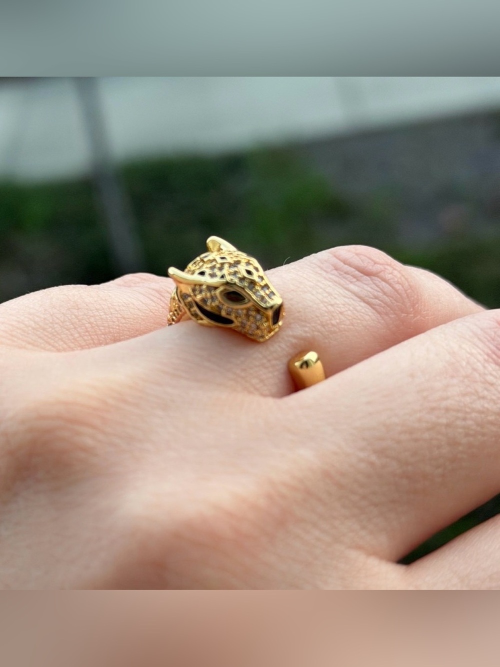 Panther Head Adjustable Ring with Green Eye - Picture 2 of 4